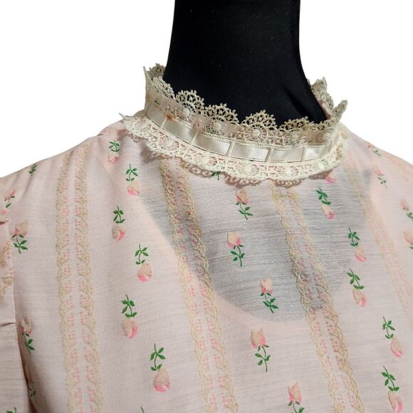 Vintage Handmade Nightgown Dress S Pink Floral Stripe Half Zip Lace Trim - Picture 9 of 15